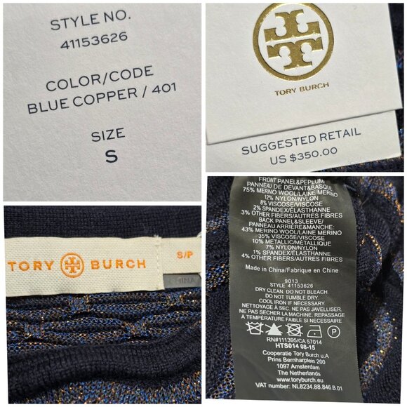 Tory Burch Women's Blue Shimmer Peplum Sweater Long Sleeve Wool Blend Size S NWT - Picture 7 of 10
